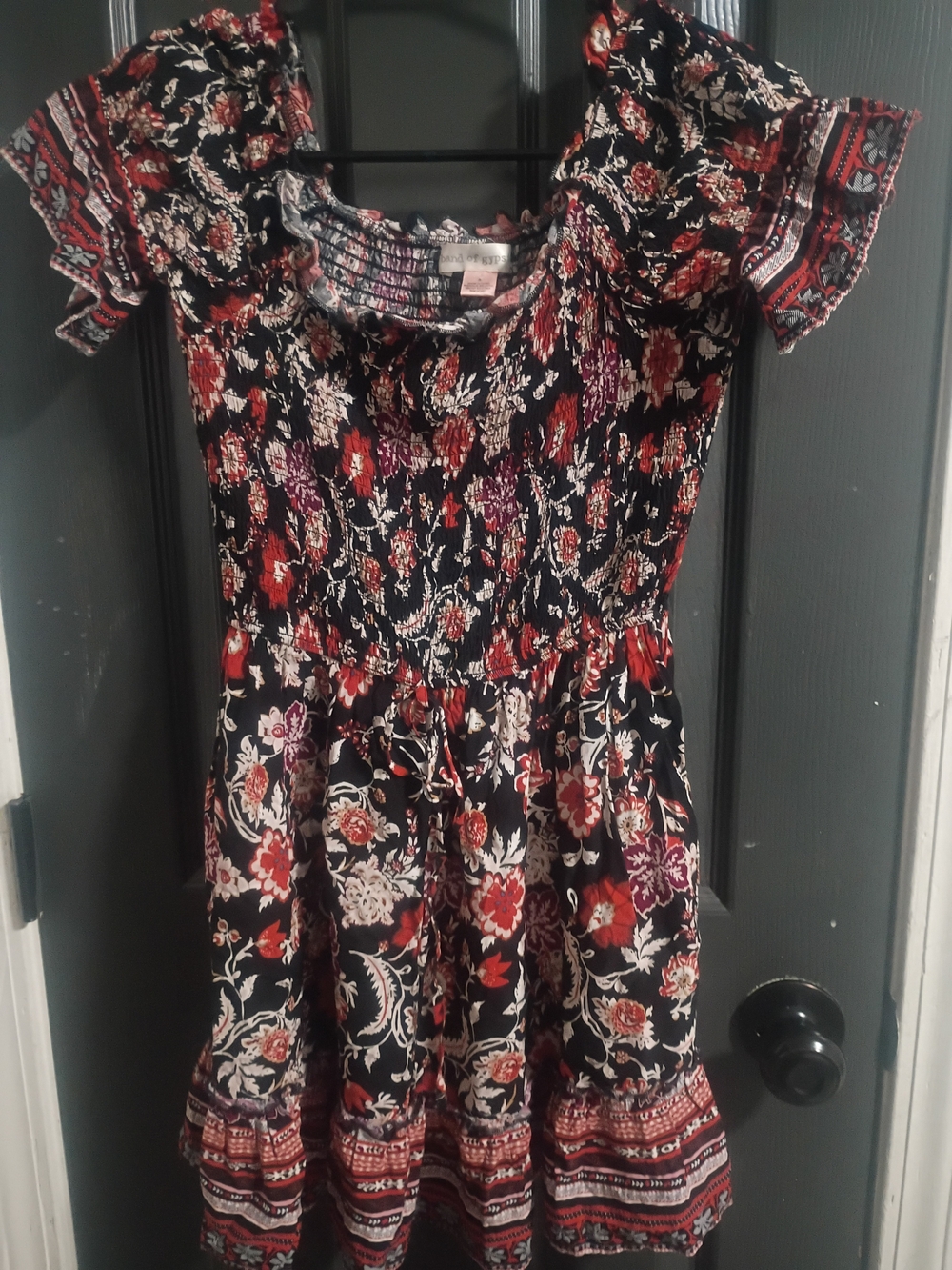 Band of Gypsies Black Floral Smocked Sundress with Red and Cream Accents